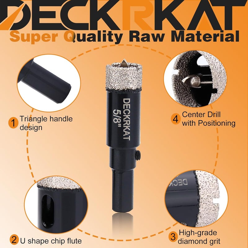 DECKRKAT 5/8"Diamond Hole-Saw Bits with Pilot Drill Bit - 2pc 5/8" Diamond Tipped Tile Hole Saws with Guiding Bit Accurate Drilling for Porcelain Tile Ceramic Pottery Granite Stone Glass Bottles 16mm - Image 5